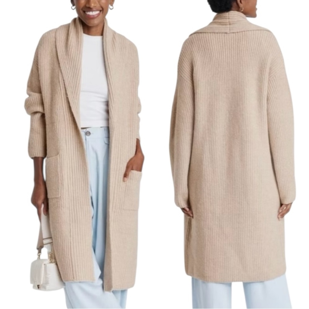 a new day Long Open-Front Ribbed Cardigan in Beige